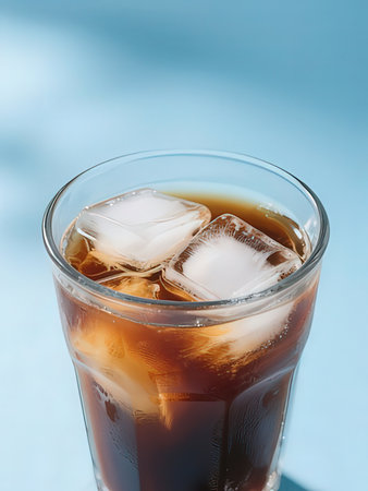Iced coffee with ice cubes in glass on blue background. Close up.