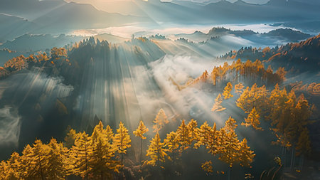 Fantastic foggy morning in the mountains. Dramatic scene. Carpathian, Ukraine, Europe. Beauty world.の写真素材