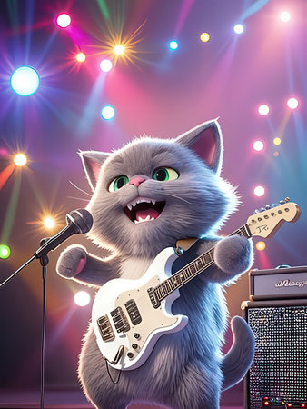 Funny cat with electric guitar on stage. 3D rendering.の写真素材