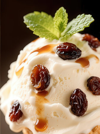 Vanilla ice cream with raisins and caramel sauce. Shallow dof.の写真素材