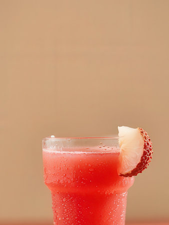 Strawberry smoothie in a glass on a beige backgroundの写真素材
