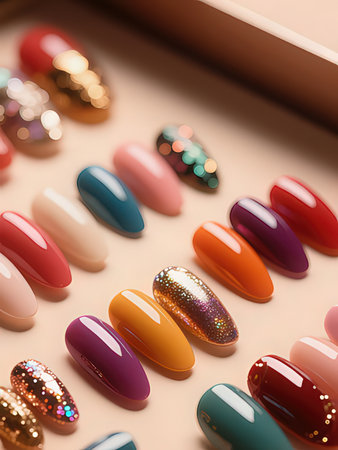 Colorful nail polish samples on beige background. 3d renderingの写真素材