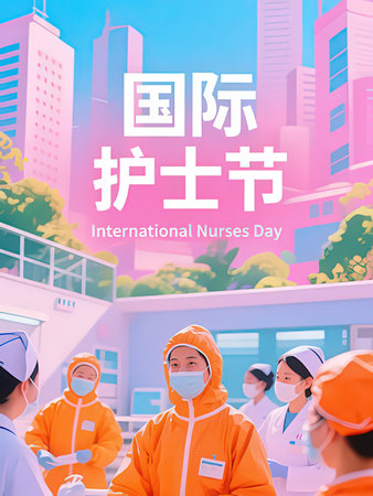 Group of doctors and nurses in protective suits and masks standing in front of the hospital.の写真素材