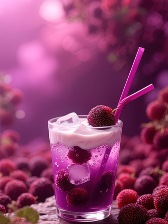 berry cocktail in a glass with ice and berries on a pink backgroundの写真素材