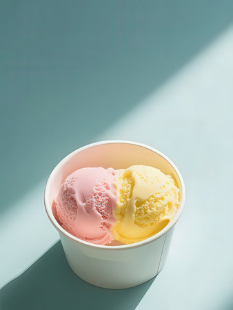 ice cream in a white cup on a blue background with hard shadowsの写真素材