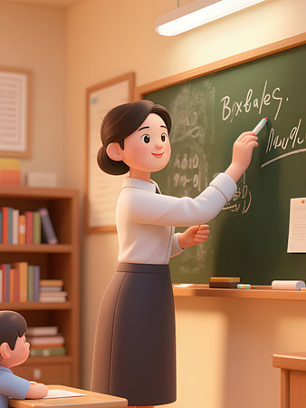 Teacher writing on blackboard in classroom. 3D rendering.の写真素材