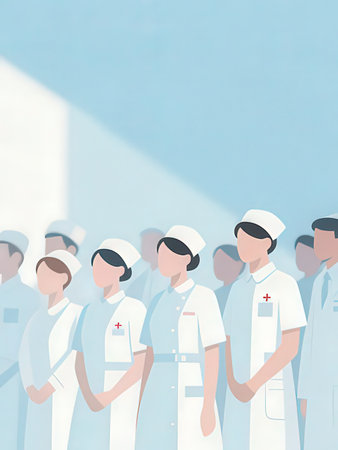 Nurse standing in front of a group of people. Vector illustration.の写真素材
