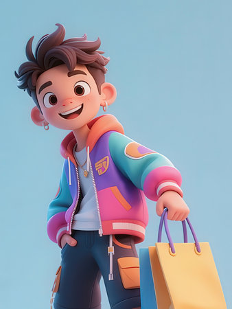 3D Render of a Cartoon Teenage Boy with Shopping Bagsの写真素材