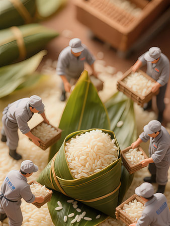 Thai rice in banana leaf on wooden table,Thailand.の写真素材
