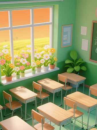 Classroom interior with tables and chairs, 3d render illustration.の写真素材