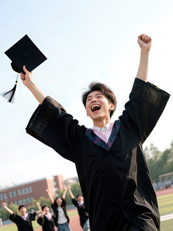 Happy young asian student in graduation gown and mortarboard with university backgroundの写真素材