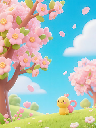 Cherry blossom spring season background with cute kawaii character