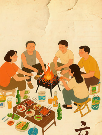 Group of people having barbecue party in the backyard. Vector illustration.の写真素材