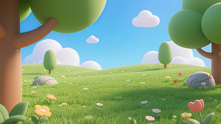 Green grassland with trees, flowers and balls. 3d renderingの写真素材