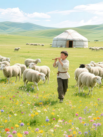Sheep grazing in the meadow with a man in traditional clothingの写真素材