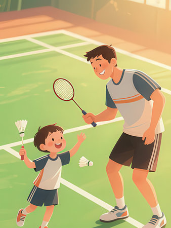 Father and son playing badminton. Vector illustration in cartoon styleの写真素材