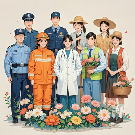 Group of people in uniform with flowers. Illustration in vector formatの写真素材
