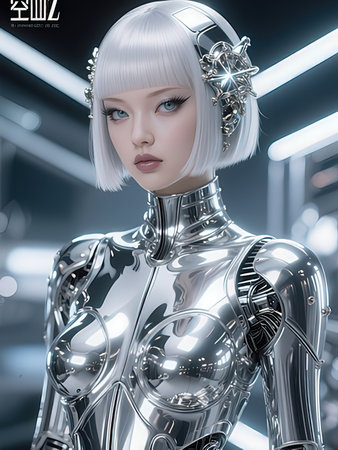 3D rendering of a female robot in a futuristic space suit.の写真素材