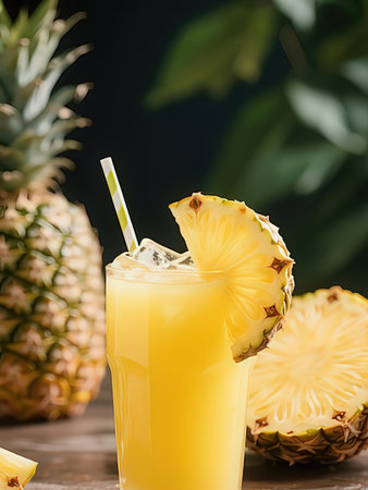 Pineapple juice in a glass with a straw on a dark backgroundの写真素材