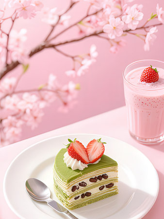 Green tea cake with strawberries and cherry blossom on pink background.