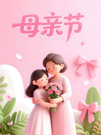 Happy mother's day greeting card with mom and daughter holding flowers.の写真素材