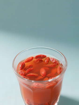 Closeup of a glass of goji berries juice on blue backgroundの写真素材