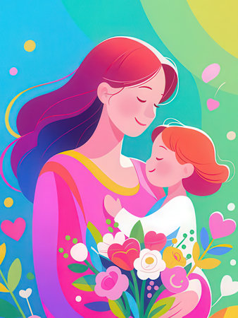Mother and daughter with flowers. Mother's day card. Vector illustration.の写真素材