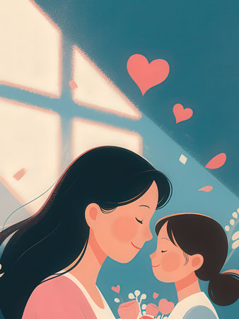 Mother and daughter kissing each other in the room with a window.の写真素材