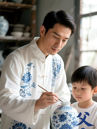 Happy Chinese family in traditional clothes. Father and son painting ceramic vase.の写真素材
