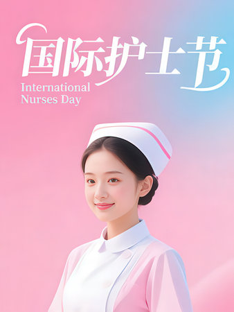 Nurse's smile against pink and blue background with vignetteの写真素材