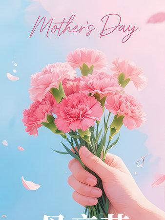 Mother's day greeting card with pink carnations bouquet in handの写真素材