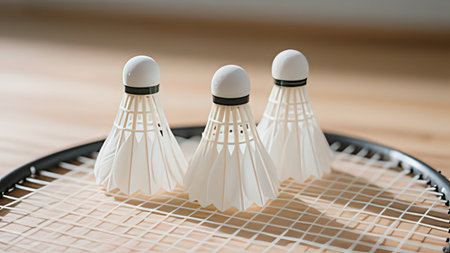 Badminton racket and shuttlecock on wooden table, closeup