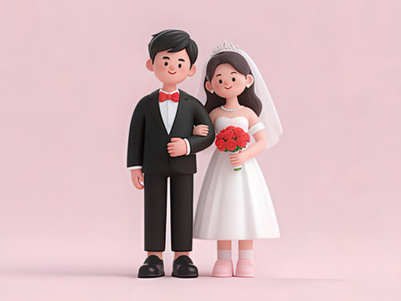 3D illustration of a bride and groom on a pink background.