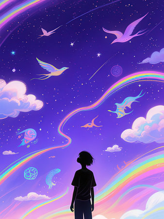 Silhouette of a boy looking at a rainbow in the sky