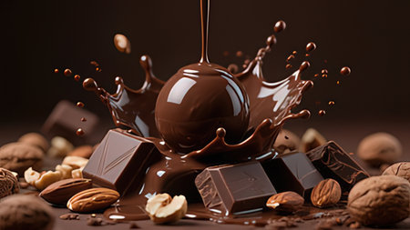 Chocolate splash with nuts and chocolate pieces on dark background, closeup