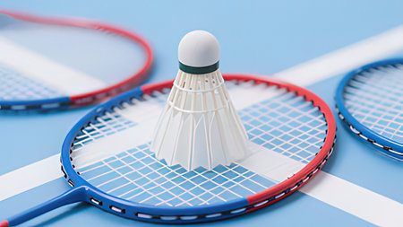 Badminton racket and shuttlecock on blue background. Sport concept.
