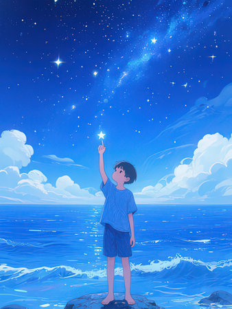 Illustration of a little boy at the sea with starry sky