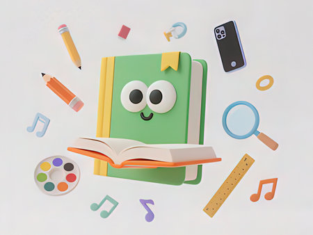 Illustration of an open book with a smiley face and various school supplies