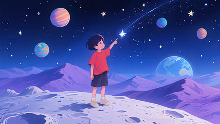 Cute little boy standing on the moon and looking at the planets. Vector cartoon illustration.の写真素材