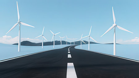 Asphalt road with wind turbines on the horizon. 3D renderingの写真素材