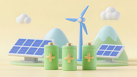 Green battery with solar panel and wind turbine. 3D rendering.