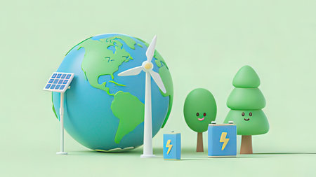 Ecology concept with green planet and wind turbine. 3D rendering