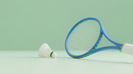 Badminton racket and shuttlecock on green background with copy spaceの写真素材