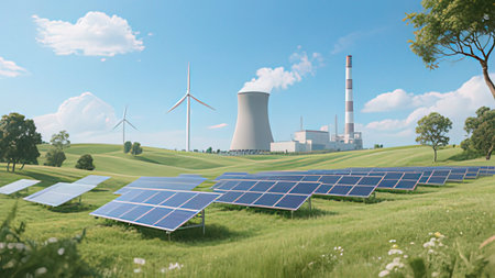 Power plant with solar panels and wind turbines. 3D rendering.