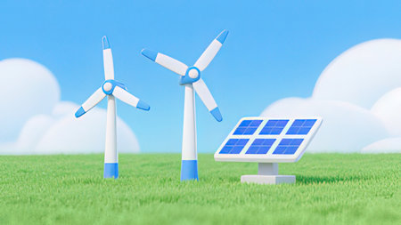 Solar panels, wind turbines and photovoltaic panels on a green meadow. 3D rendering