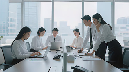 Business people wearing headset working in office to support remote customer or colleague. Call center, telemarketing, customer support agent provide service on telephone video conference call.の写真素材