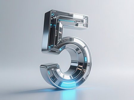 Metal number 5 on a white background. 3d rendering, 3d illustration.の写真素材
