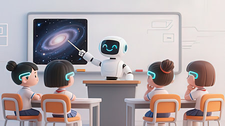 3d illustration of children and robot teacher in classroom. Artificial intelligence conceptの写真素材