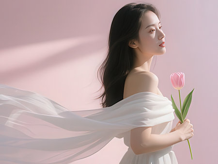 Beautiful asian woman in white dress with tulip flower on pink backgroundの写真素材