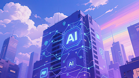AI concept with cityscape at sunset. Artificial intelligence and machine learning concept.